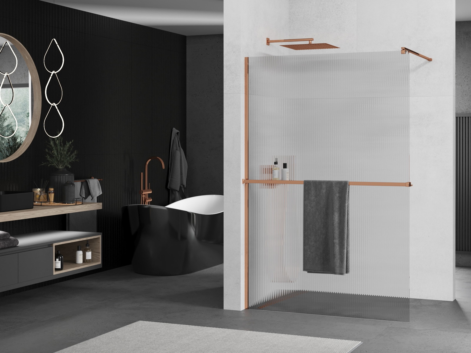 Mexen Kioto+ ścianka prysznicowa z półką Walk-in 140 x 200 cm, prążki, różowe złoto - 800-140-121-60-09